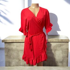 Gianni Bini red wrap dress for women, size L, V-neck, short sleeves